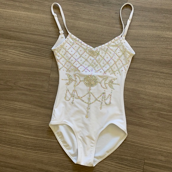 Tops - White Rhinestoned Dance Leotard Costume